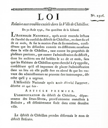 Loi ordonnant le transfert du siège du district de Châtillon à Bressuire (30 août 1792) Loi ordonnant le transfert du siège du district de Châtillon à Bressuire (30 août 1792)