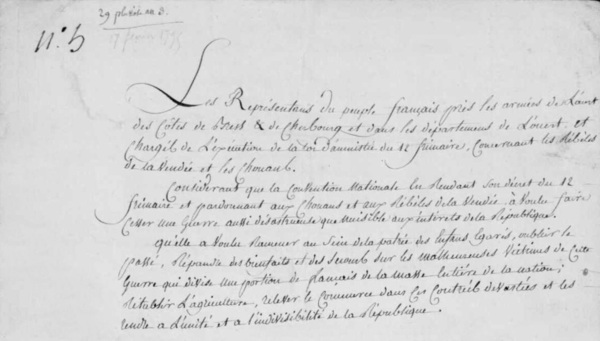 Traité d'amnistie signé par les représentants du peuple près les armées de l'Ouest pour la pacification de la Vendée (Archives de la Vendée en ligne) Traité d'amnistie signé par les représentants du peuple près les armées de l'Ouest pour la pacification de la Vendée (Archives de la Vendée en ligne)