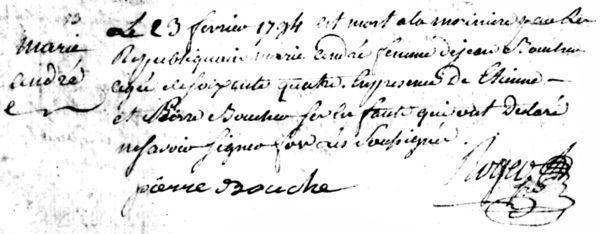 Un exemple d'acte de sépulture dans le registre clandestin de Chavagnes, en date du 23 février 1794. A cette date, tous décès portent la mention « mort par les républiquains » Un exemple d'acte de sépulture dans le registre clandestin de Chavagnes, en date du 23 février 1794. A cette date, tous décès portent la mention « mort par les républiquains »