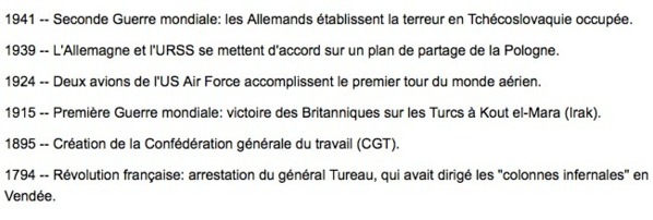 A la dernière ligne : 1794 -- Révolution française: arrestation du général Tureau, qui avait dirigé les "colonnes infernales" en Vendée. A la dernière ligne : 1794 -- Révolution française: arrestation du général Tureau, qui avait dirigé les "colonnes infernales" en Vendée.