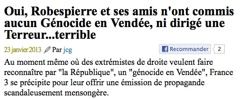 Avec de tels propos, le thèse du Génocide vendéen progresse tous les jours : propositions de lois, fin d'un tabou, internationnalisation de l'exemple et cas d'école dans les prochaines années ! Continuez les gars ! Avec de tels propos, le thèse du Génocide vendéen progresse tous les jours : propositions de lois, fin d'un tabou, internationnalisation de l'exemple et cas d'école dans les prochaines années ! Continuez les gars !