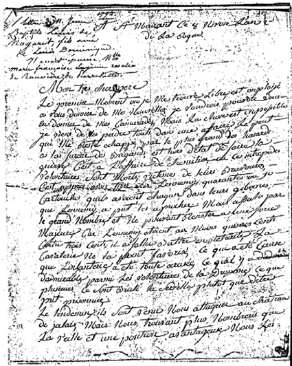 Fac-similé de la première page L'orthographe ainsi que les tournures de phrases ont été conservés par souci d'authenticité. Le militaire commence sa lettre ainsi :   « Mon très cher père, le premier moment où je me trouve libre est enploijé a vous donner de mes nouvelles. » Fac-similé de la première page L'orthographe ainsi que les tournures de phrases ont été conservés par souci d'authenticité. Le militaire commence sa lettre ainsi :   « Mon très cher père, le premier moment où je me trouve libre est enploijé a vous donner de mes nouvelles. »