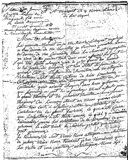 Fac-similé de la première page L'orthographe ainsi que les tournures de phrases ont été conservés par souci d'authenticité. Le militaire commence sa lettre ainsi :   « Mon très cher père, le premier moment où je me trouve libre est enploijé a vous donner de mes nouvelles. » Fac-similé de la première page L'orthographe ainsi que les tournures de phrases ont été conservés par souci d'authenticité. Le militaire commence sa lettre ainsi :   « Mon très cher père, le premier moment où je me trouve libre est enploijé a vous donner de mes nouvelles. »